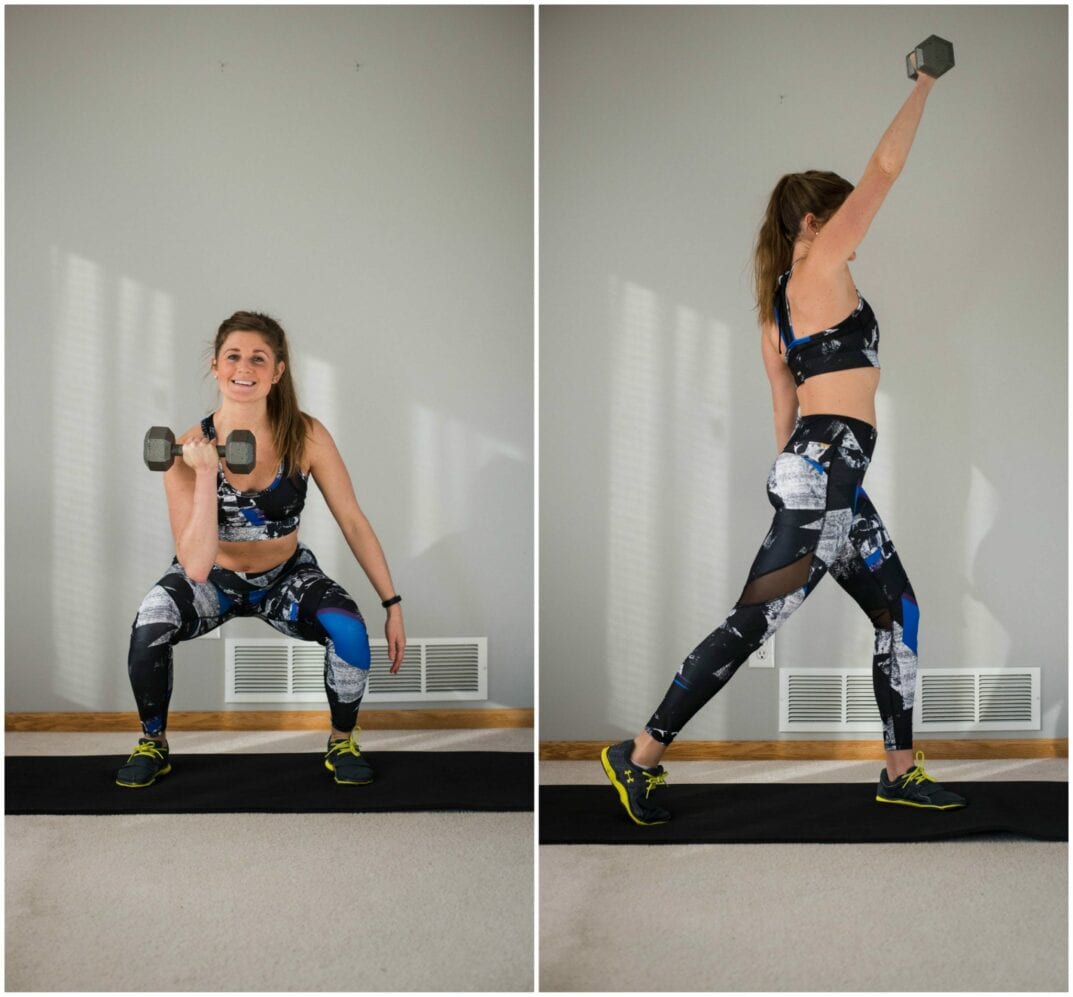 total body workout with just one dumbbell -- front squat with rotational press -- www.nourishmovelove.com