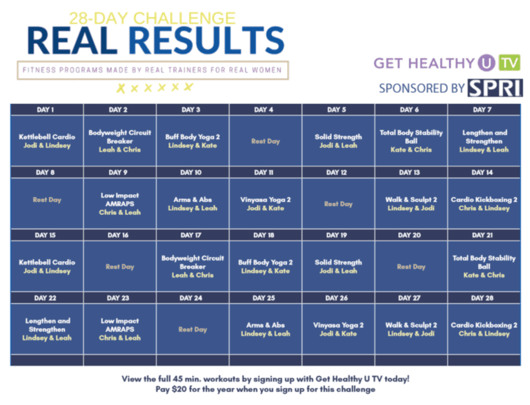 28day real results challenge workout calendar Nourish, Move, Love