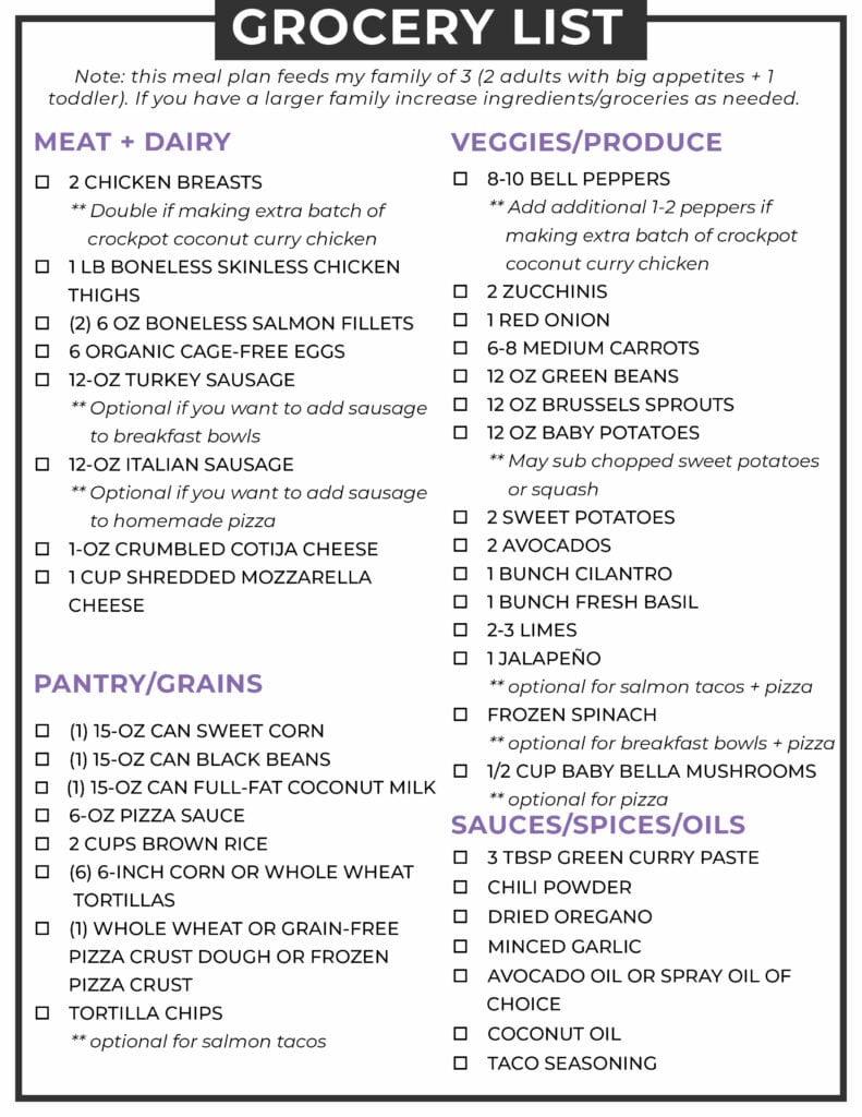 Grocery Shopping List With Meal Plan