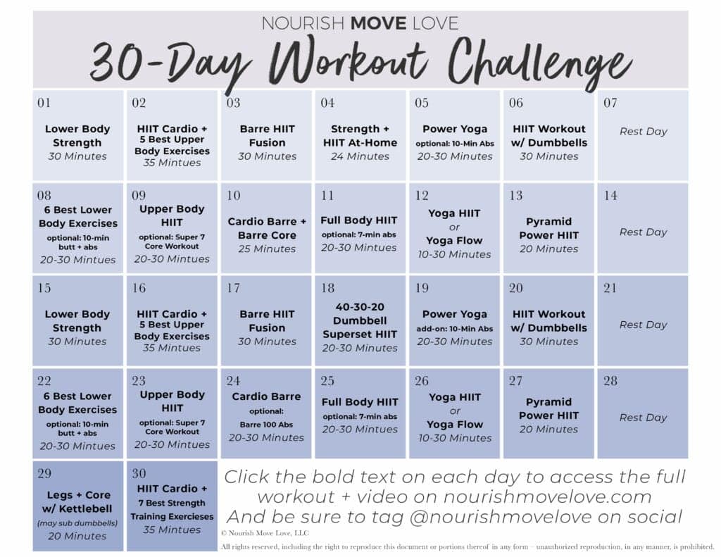 FREE 30 Day Workout Calendar Videos Nourish Move Love