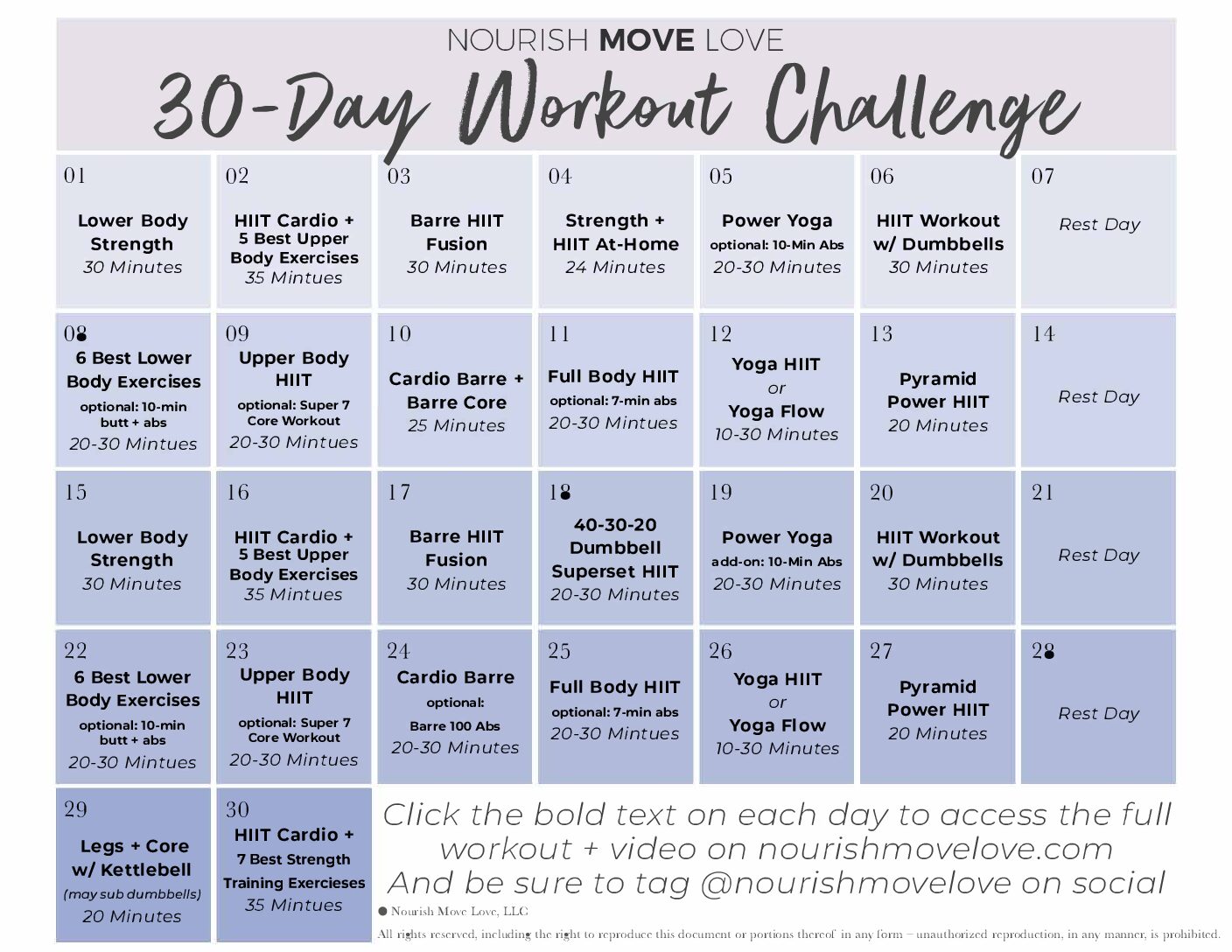 Workout Calendar 30 day workout challenge Nourish Move Love