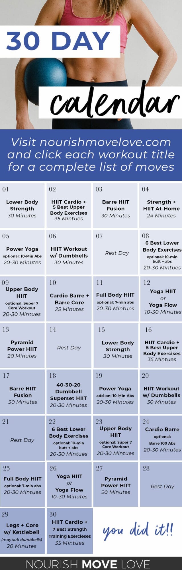 FREE 30-Day Workout Calendar (Videos) | Nourish Move Love