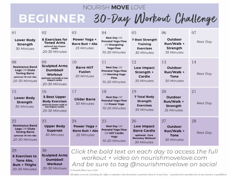 30-Day Beginner Workout Plan (w/ YouTube Videos) | Nourish Move Love