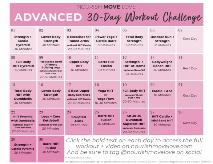 30-Day Advanced Workout Calendar (Videos) | Nourish Move Love