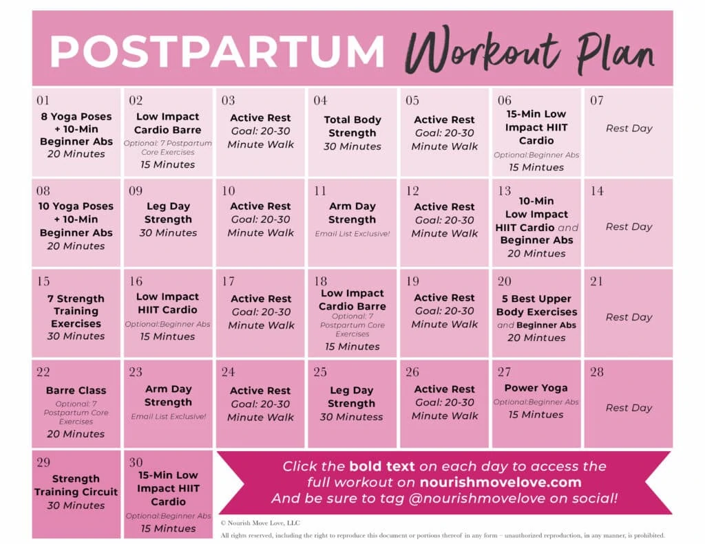 Postpartum Workout Plan 30 Day Calendar Nourish Move Love