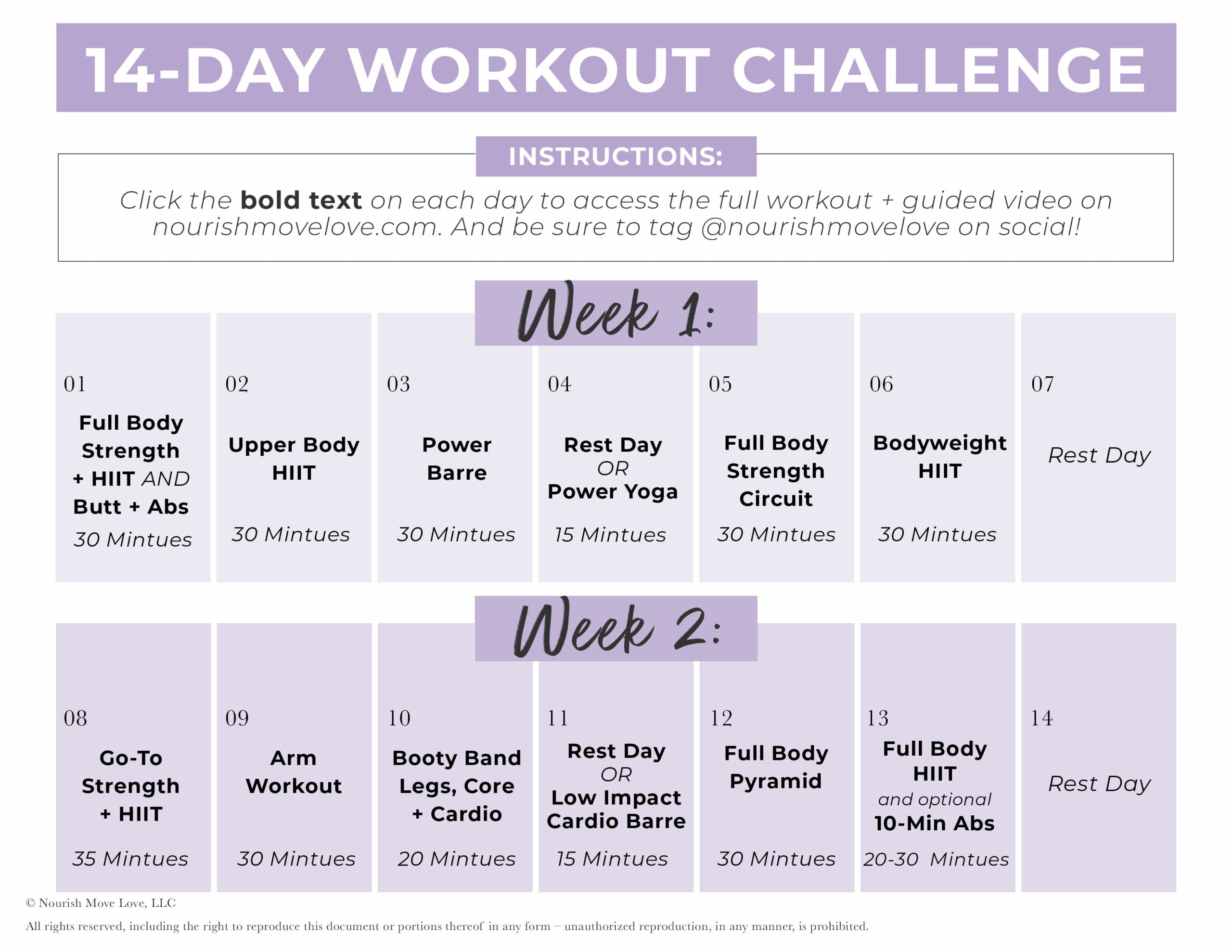 14 Day Challenge Calendar Graphic Nourish Move Love