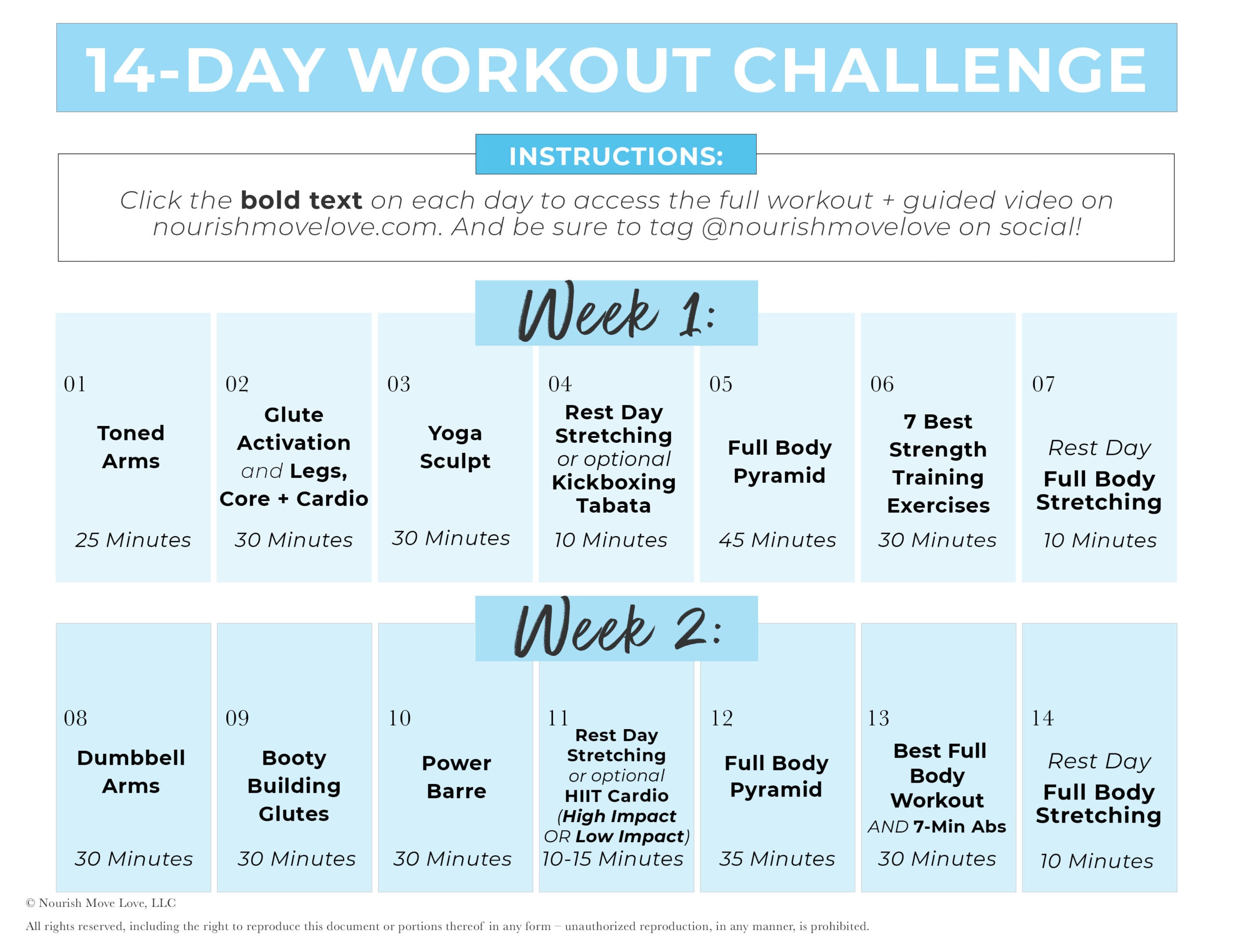 14 Day Workout Plan Calendar Graphic with Links - Nourish, Move, Love