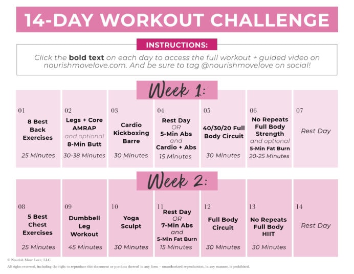 Home Workout Plan Calendar Graphic - Nourish, Move, Love