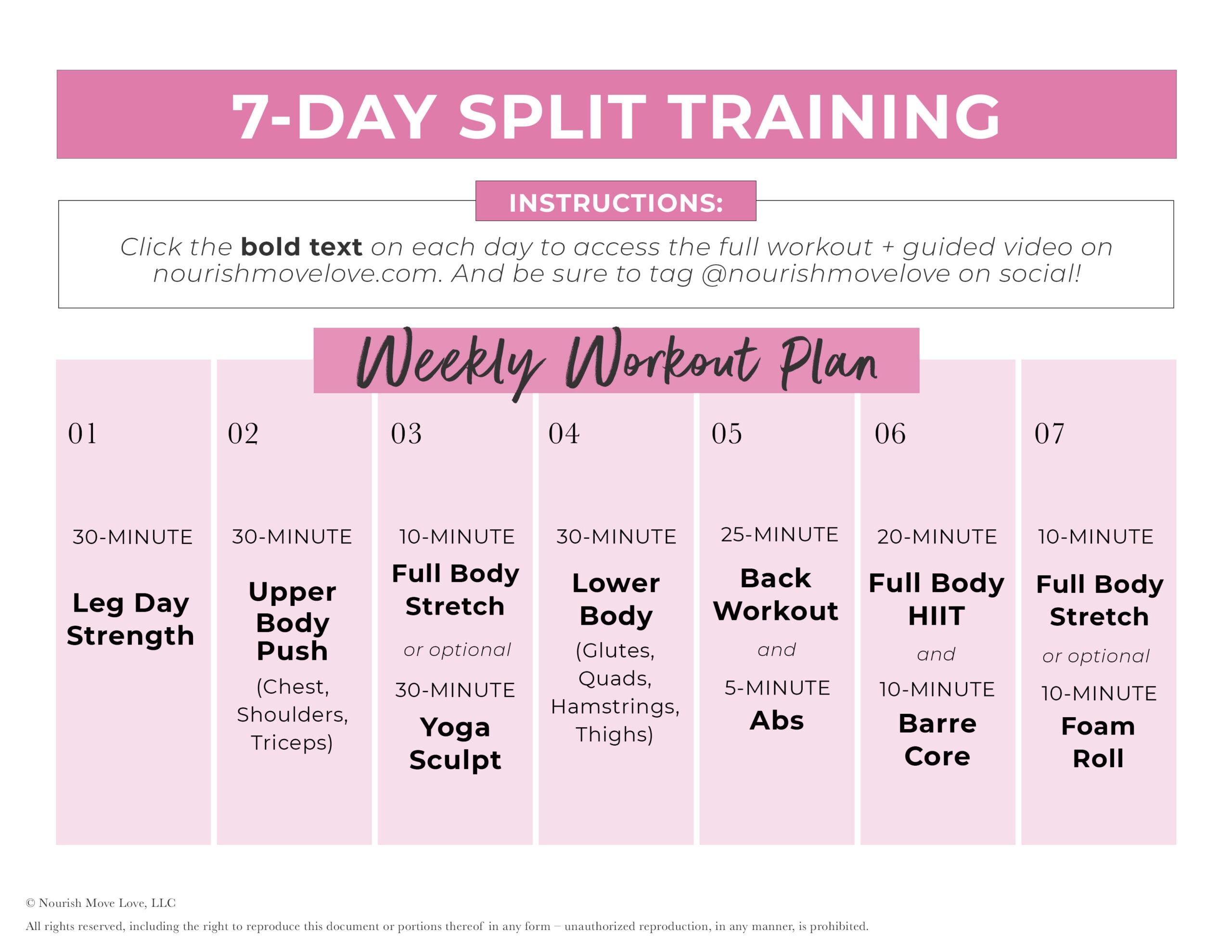 Weekly Workout Plan Calendar Nourish, Move, Love