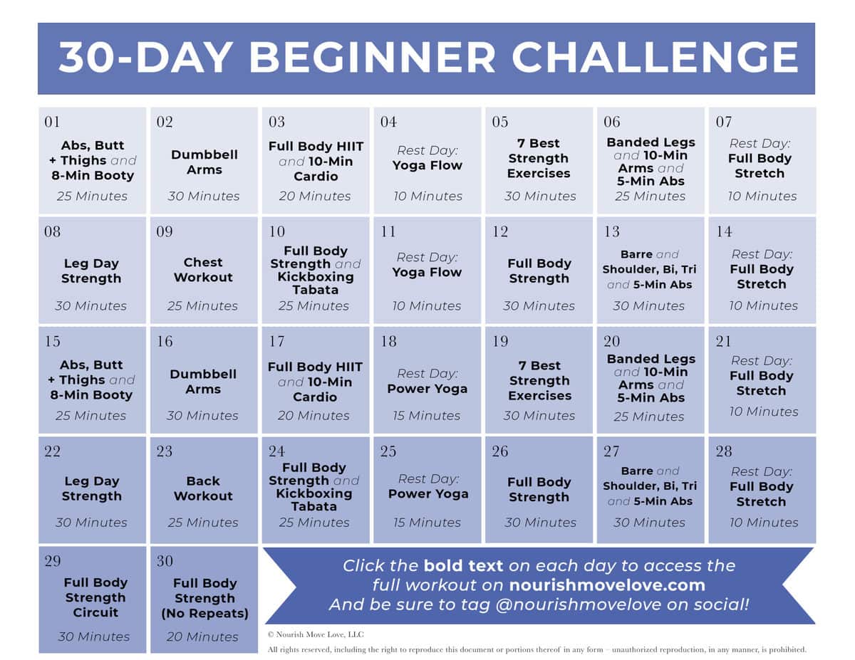 Schandalig Een nacht straal 30-Day Beginner Workout Plan (w/ YouTube Videos) | Nourish Move Love
