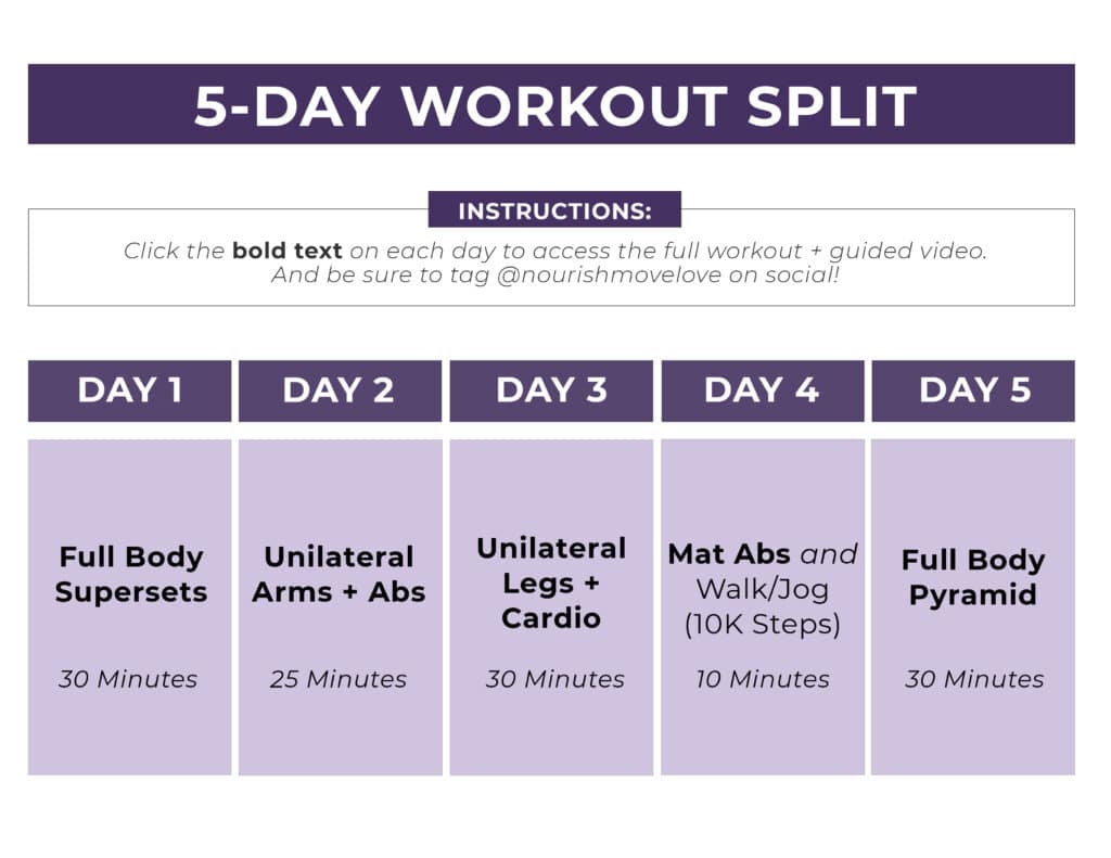 5 Day Workout Split With Daily Videos PDF Nourish Move Love