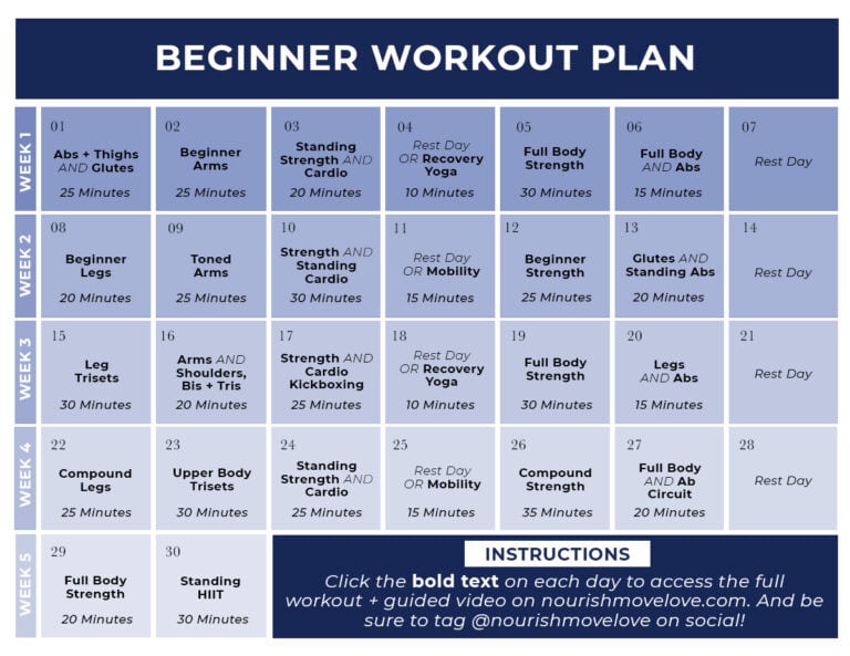 30-Day Beginner Workout Plan (Videos) | Nourish Move Love