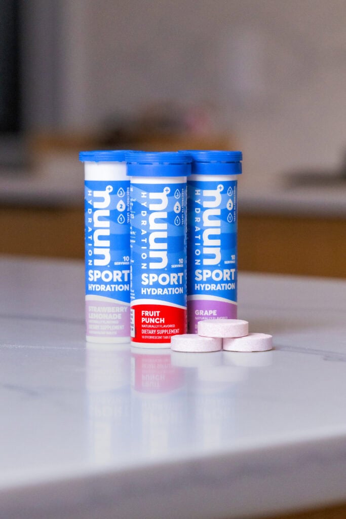 Nuun tablets in the flavors strawberry lemonade, fruit punch and grape. As part of the best electrolyte powders.  