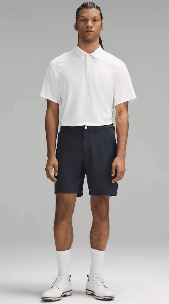 man wearing lululemon ABC classic-fit golf shorts short as part of post reviewing the bests lululemon mens products