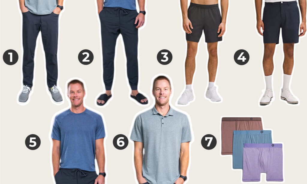 Numbered collage image of the best lululemon men's products including ABC jogger, ABC pant and boxers