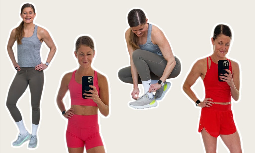 collage of four woman posing wearing running items
