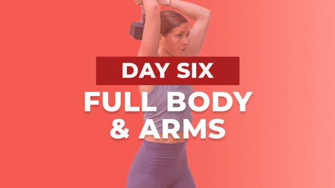 Woman performing overhead tricep extension as part of full body and arm workout routine