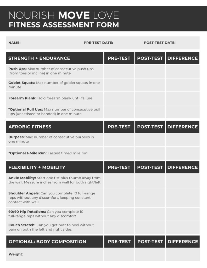 Downloadable PDF fitness test document to test your strength and endurance, aerobic fitness and flexibility and mobility.