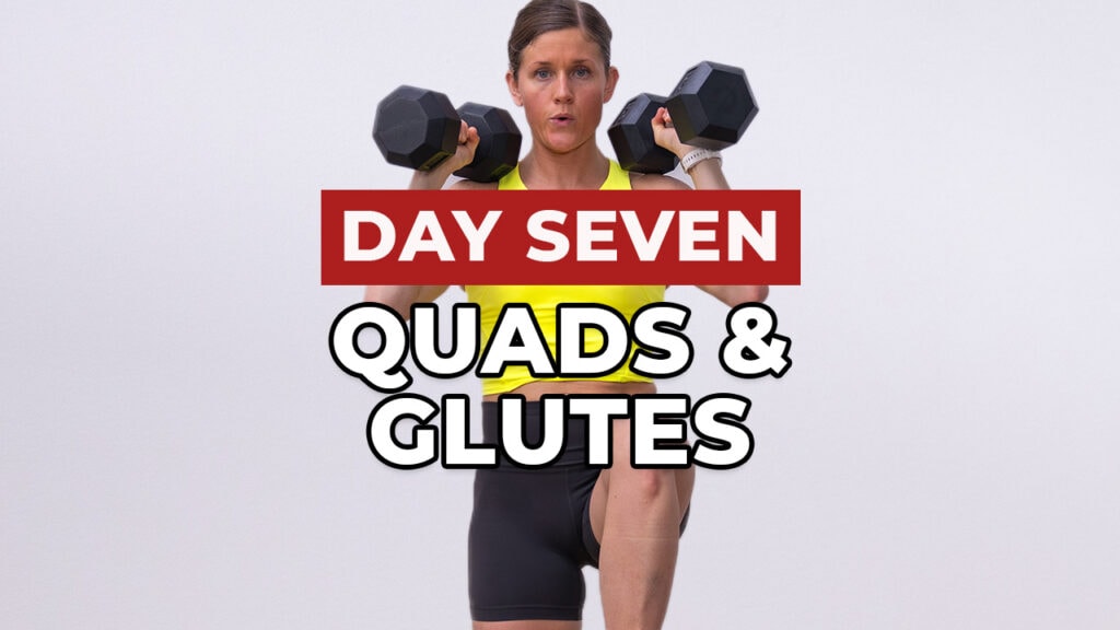 woman performing dumbbell leg lifts as part of quad and glute workout