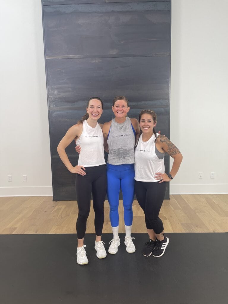 three women posing together for exercises in a total body workout