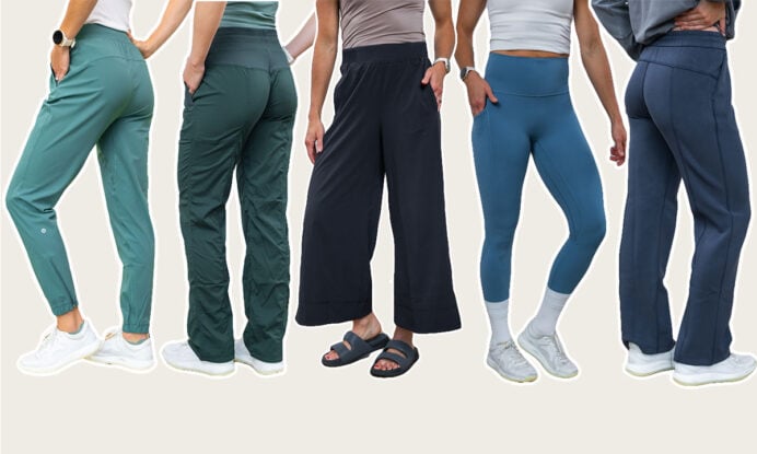 best lululemon pants including align leggings, stretch woven wide leg cropped pant, dance studio pant, adapted state high-rise jogger and softstreme high rise pant.