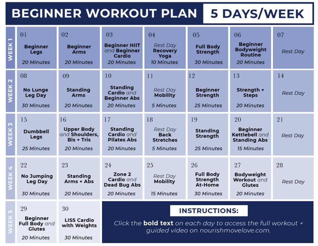 30 Day Beginner Workout Plan Videos Nourish Move Love