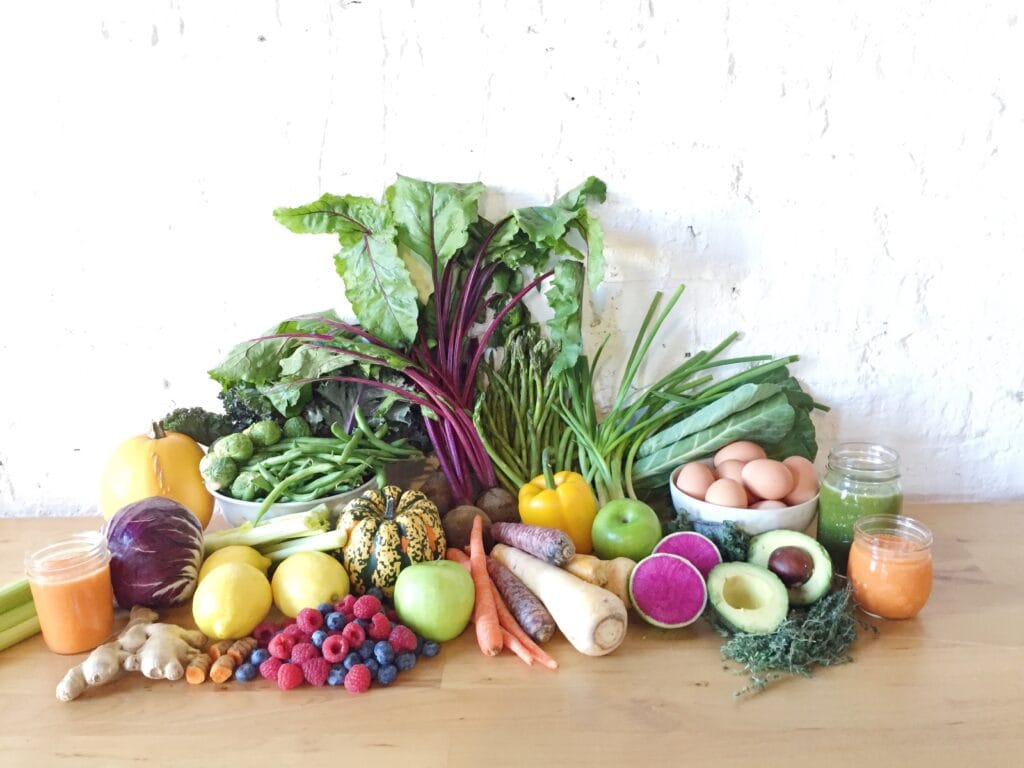 fresh produce including fruits and vegetables as part of a health diet and grocery list