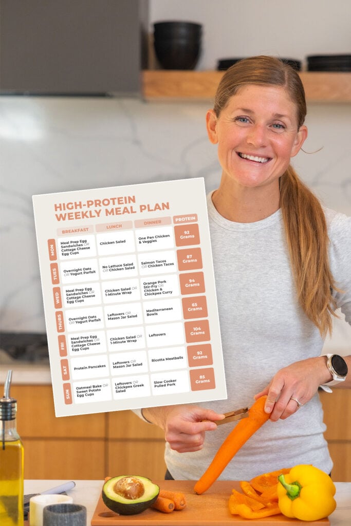 woman peeling vegetables in her kitchen with a 7-day high protein meal plan calendar overlay